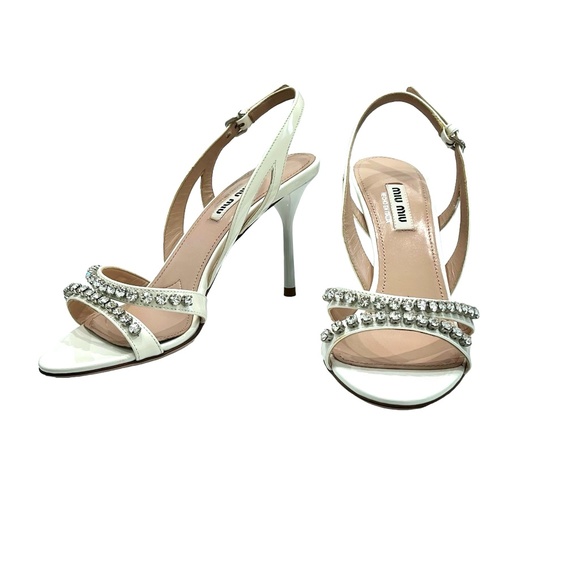 MIU MIU BIANCO WHITE JEWEL EMBELLISHED CALZATURE DONNA OPEN TOE STILETTO SANDAL - Picture 1 of 16
